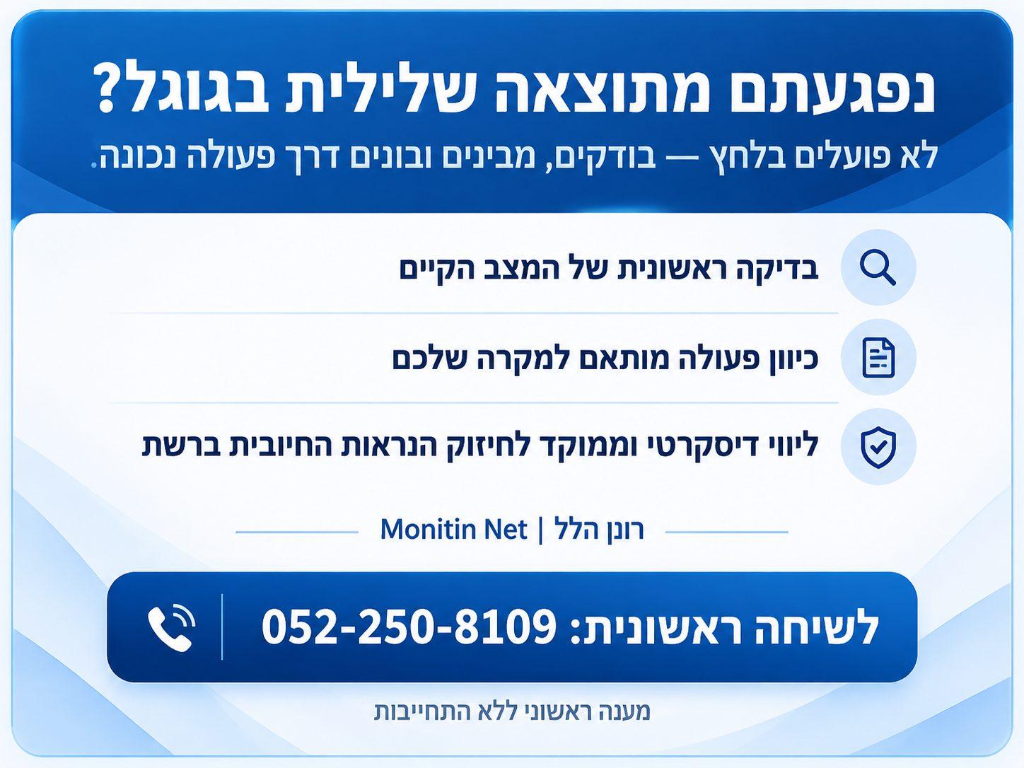 גרפיקה של Monitin Net בנושא תוצאה שלילית בגוגל עם הצעה לבדיקה ראשונית, כיוון פעולה מותאם וליווי דיסקרטי