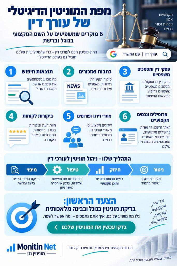 מפת המוניטין הדיגיטלי של עורך דין אינפוגרפיקה המציגה את מוקדי המוניטין הדיגיטלי של עורכי דין בגוגל וברשת
