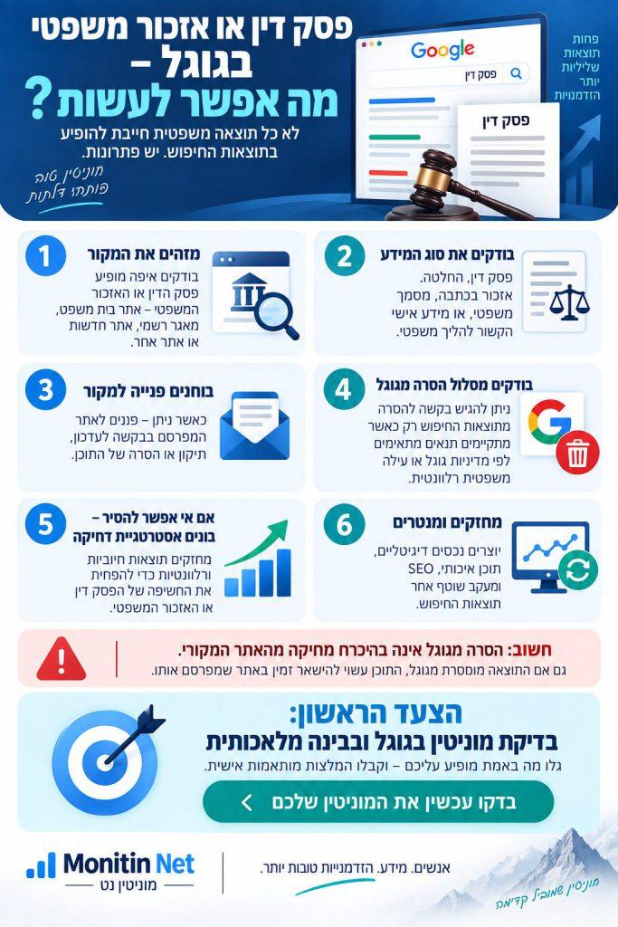 פסק דין או אזכור משפטי בגוגל – מה אפשר לעשות? אינפוגרפיקה המציגה אפשרויות לטיפול בפסקי דין ואזכורים משפטיים שמופיעים בגוגל